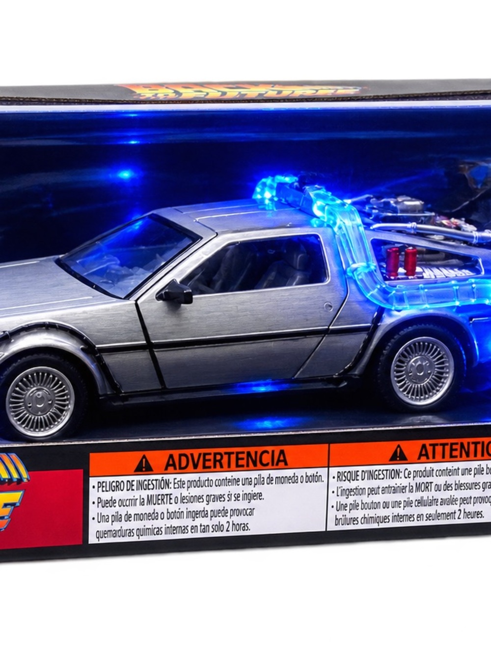 Die-Cast Silver Time Machine Toy Car with Blue LED Lights